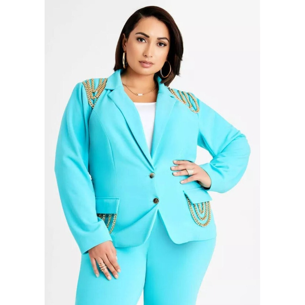 Ashley Stewart Suit Jacket Womens sz 18 Blue Stretch Gold Chains $64 Ladies